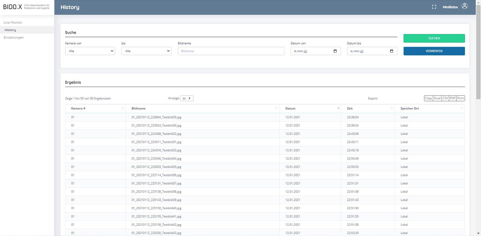 BIDO.X Screenshot der Anwendung - Historyfunktion
